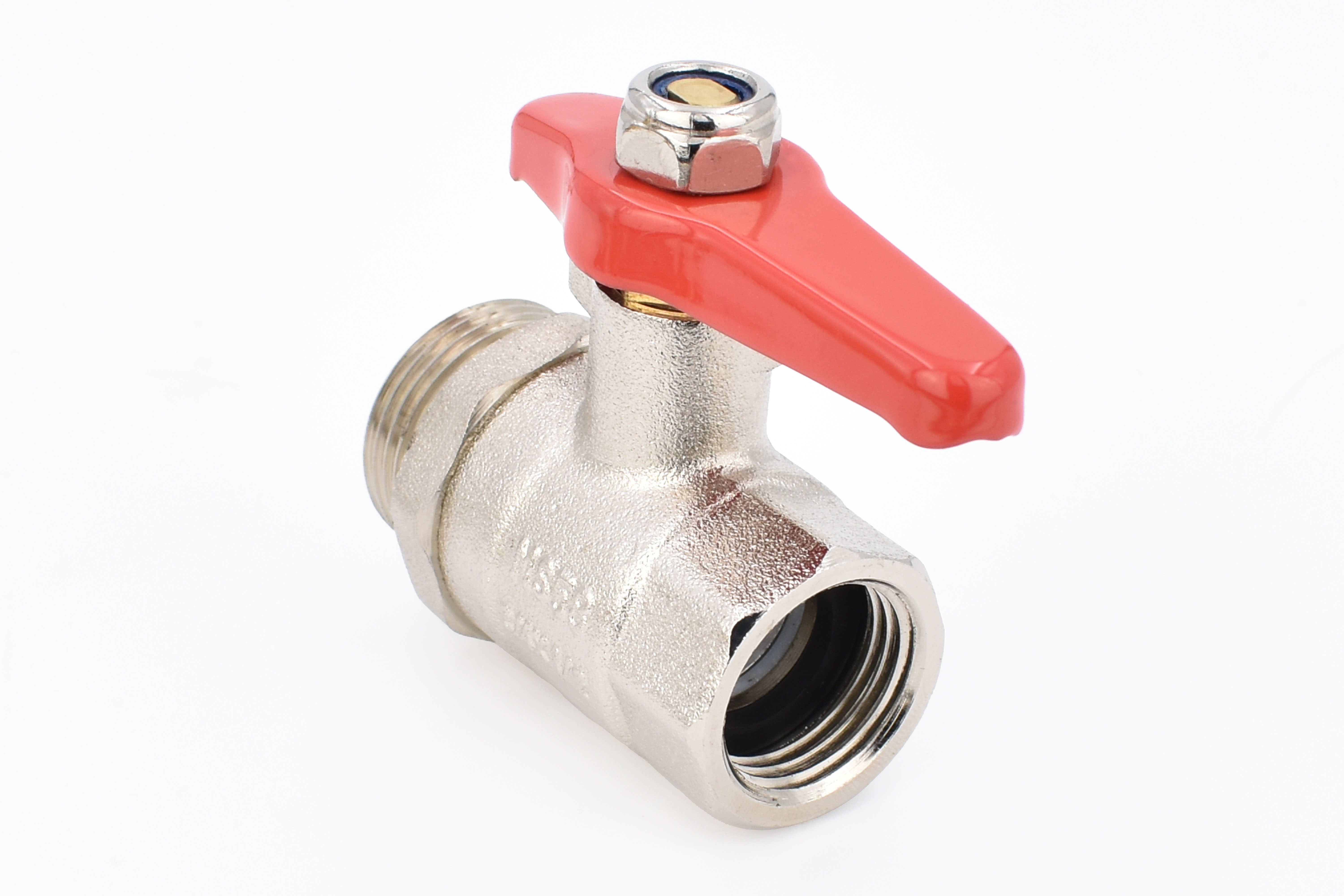 Kugelhahn 1/2 Zoll IG x 3/4 Zoll AG, Messing vernickelt, 30 bar, -0°C bis 120°C, einseitig verlängerter Knebelgriff Kugelhahn 1/2 Zoll IG x 3/4 Zoll AG, Messing vernickelt, 30 bar, -0°C bis 120°C, einseitig verlängerter Knebelgriff