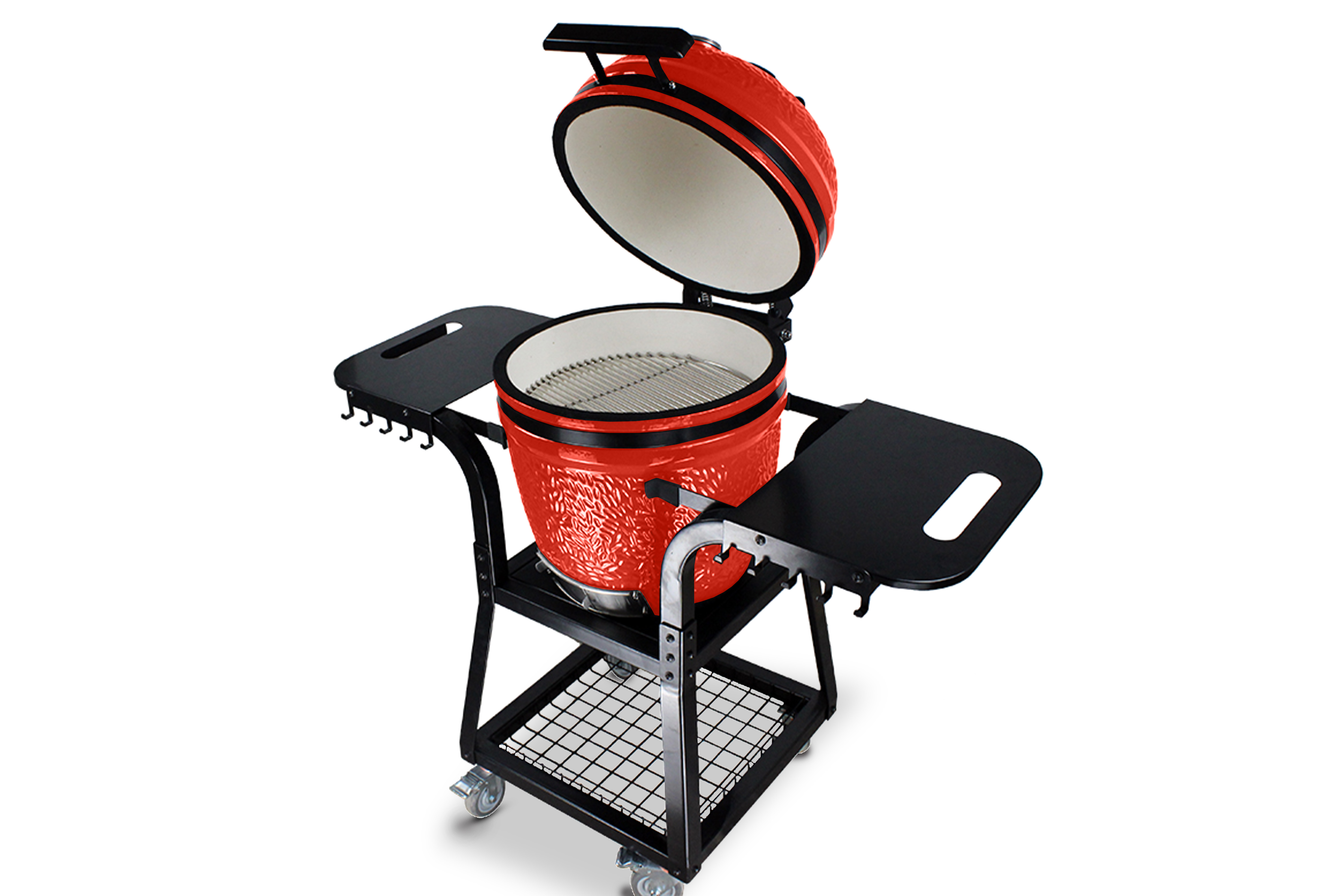 Kamado SE-19TR Grill mit Trolley Rot 50cm Grilldurchmesser, Grillrostdurchmesser 43cm, BBQ Keramik Holzkohlegrill Grill mit Holzkohle