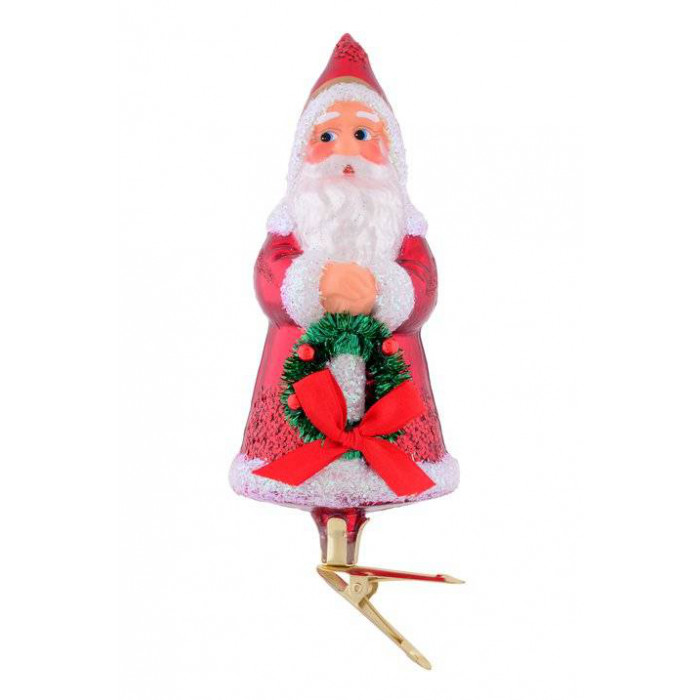 Christbaumschmuck Nostalgie Weihnachtsmann mit Adventskranz mit Clip