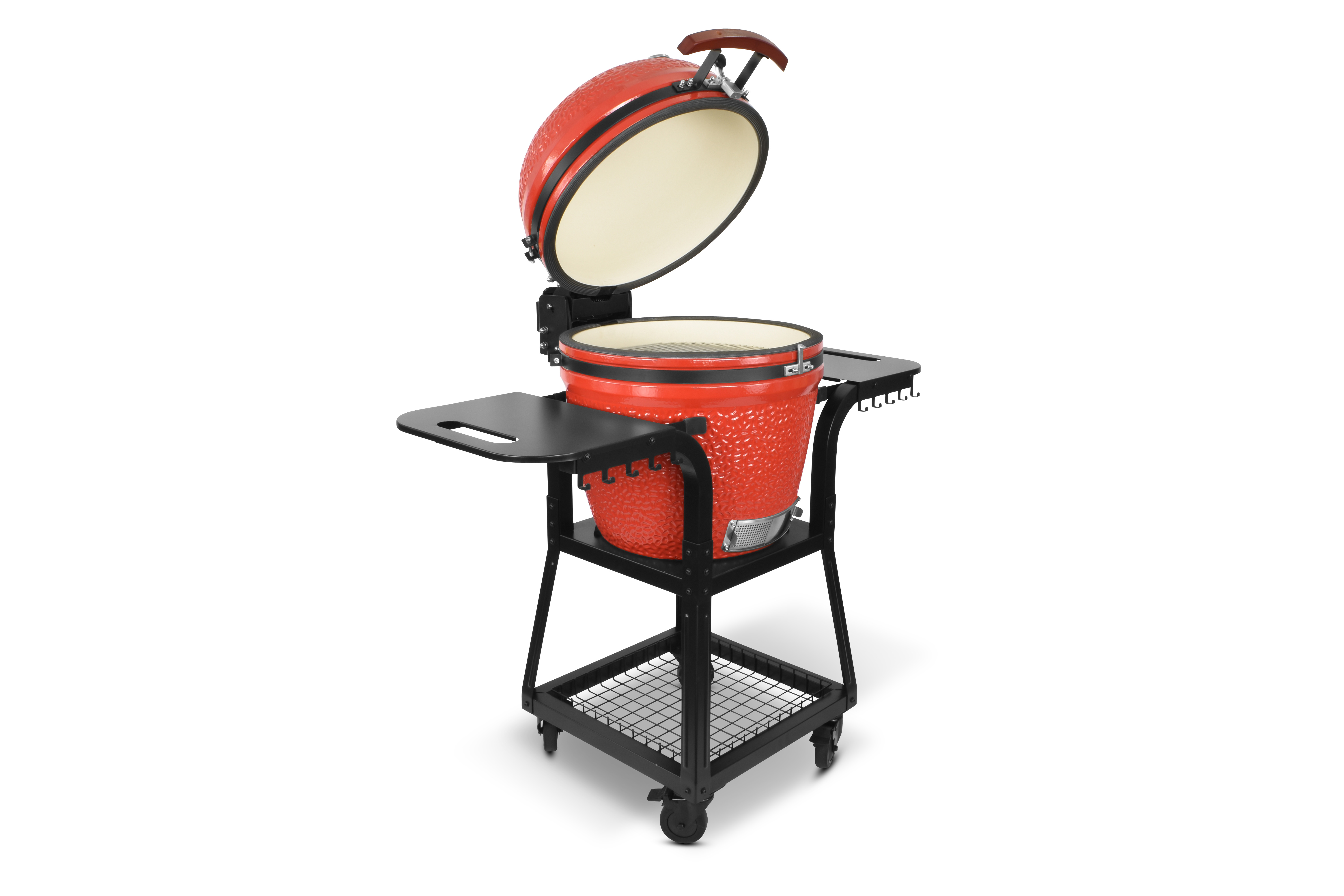 Kamado SE-22TR Grill mit Trolley Rot 56cm Grilldurchmesser, Grillrostdurchmesser 48cm, BBQ Keramik Holzkohlegrill Grill mit Holzkohle