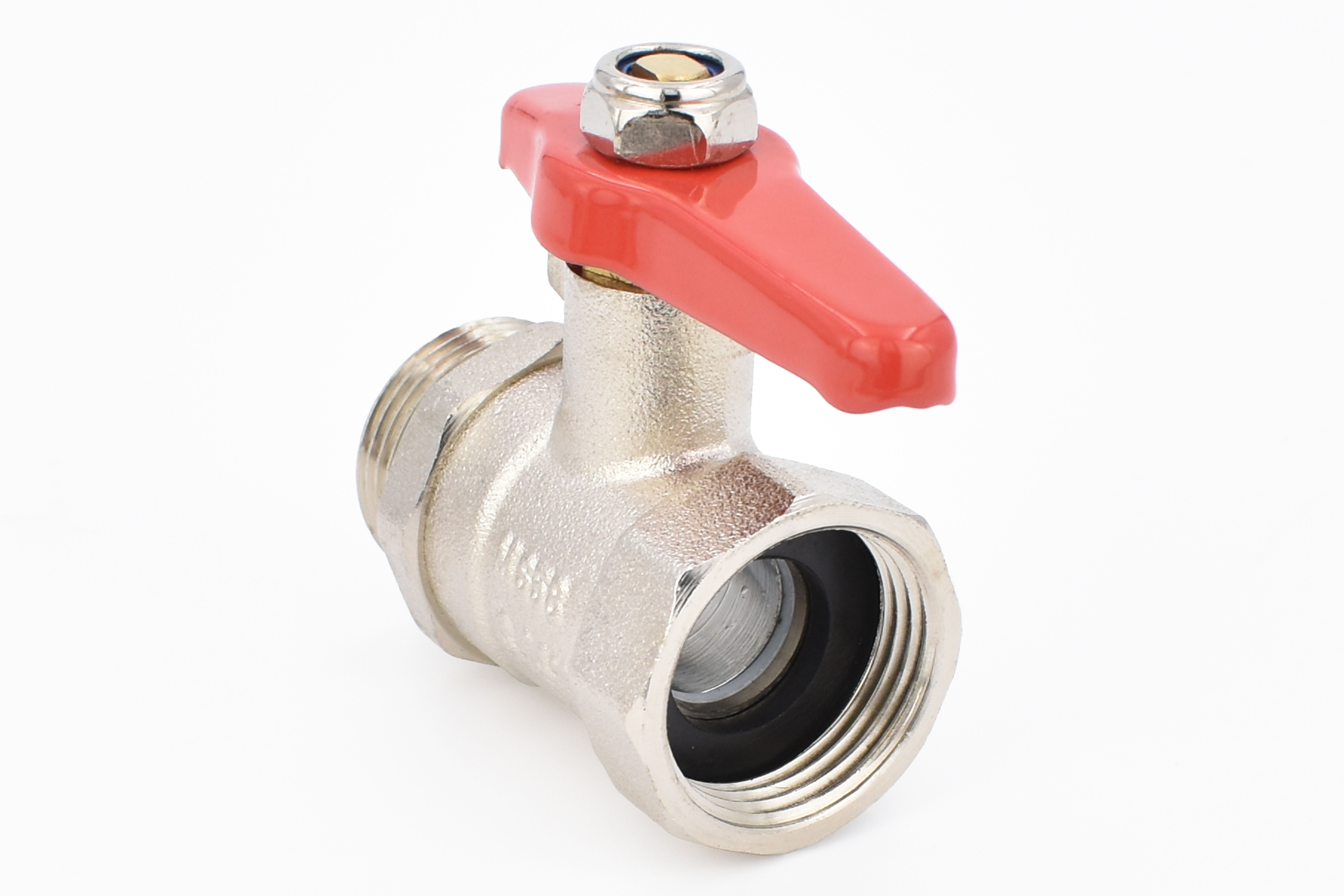 Kugelhahn 3/4 Zoll IG und AG, Messing vernickelt, 30 bar, -0°C bis 120°C, einseitig verlängerter Knebelgriff Kugelhahn 3/4 Zoll IG und AG, Messing vernickelt, 30 bar, -0°C bis 120°C, einseitig verlängerter Knebelgriff